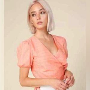 Revolve Line & Dot Orange textured woven linen cotton blend wrap top siz…